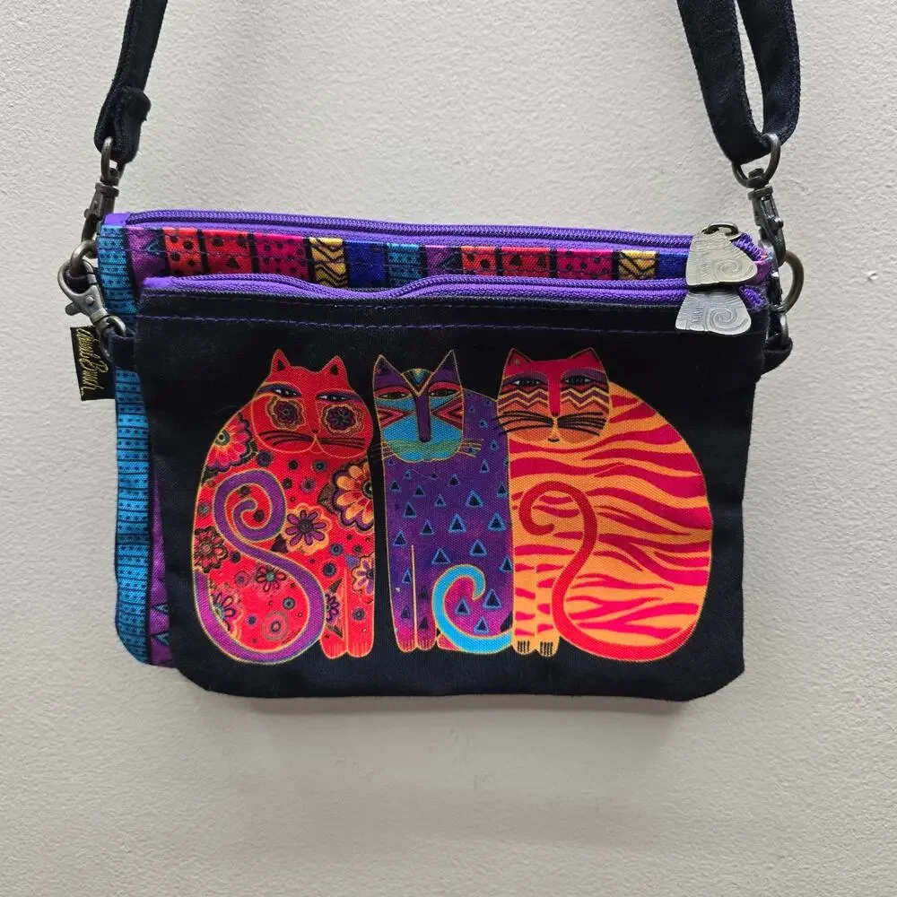 Laurel Burch Cats Feline Friends 2Pc Crossbody +Organizer Bag Boho Multicolor - Picture 1 of 11